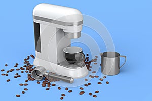 Espresso coffee machine with steel milk frothing pitcher and ceramic coffee cup