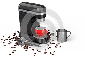 Espresso coffee machine with steel milk frothing pitcher and ceramic coffee cup