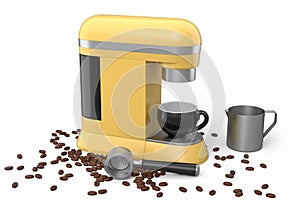 Espresso coffee machine with steel milk frothing pitcher and ceramic coffee cup