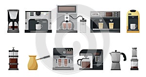 Espresso coffee machines. Vintage automatic and manual coffee makers, french press, moka, turkish cezve, grinder and