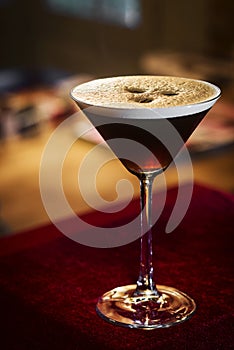 Espresso coffee martini cocktail drink in bar