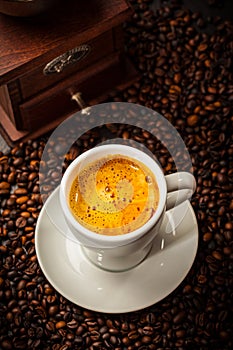 Espresso cup in coffee beans