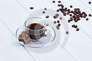 Espresso cup of coffee, sugar and beans