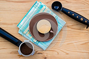 Espresso cup with handle, metal spoon and tamper