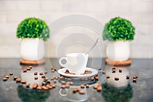 Espresso cup and saucer with spoon and indoor plants