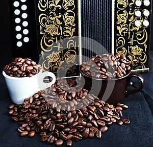 Espresso  cups with coffee beans  background