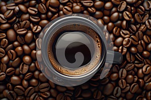 Espresso Excellence: A Top-Down View of Mug with Coffee Beans