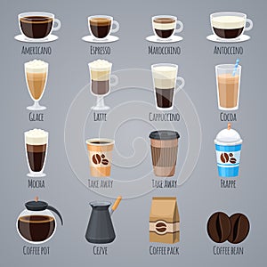 Espresso, latte, cappuccino in glasses and mugs. Coffee types for coffee house menu. Flat vector icons set photo