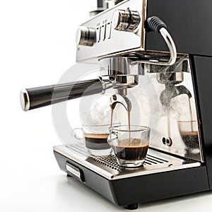 Espresso machine brewing coffee isolated on white background