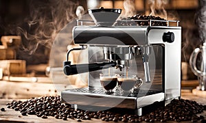 Espresso machine pouring rich shot into demitasse photo