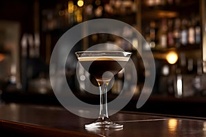 Espresso Martini Cocktail based on coffee, liqueur and vodka on a bar counter, copy space for text. Served in an elegant martini photo