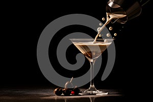 Espresso Martini Cocktail based on coffee, liqueur and vodka being poured on a dark background, copy space for text. Served in an photo