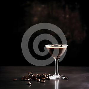 Espresso Martini Cocktail based on coffee, liqueur and vodka isolated on a dark background, copy space for text. Served in an photo