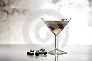 Espresso Martini Cocktail based on coffee, liqueur and vodka isolated on light background, copy space for text. Served in an photo