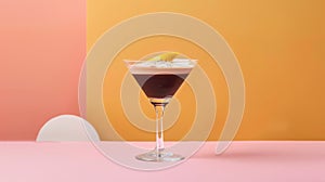 Espresso Martini with a Twist. A modern espresso martini garnished with a citrus twist, presented against a vibrant