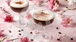 Espresso Martini with a Twist. A modern espresso martini garnished with a citrus twist, presented against a vibrant