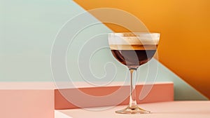 Espresso Martini with a Twist. A modern espresso martini garnished with a citrus twist, presented against a vibrant