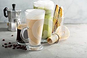 Espresso, regular coffee and matcha latte