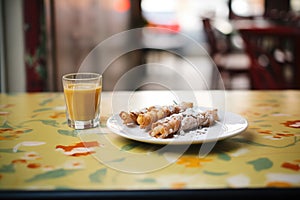 espresso shot beside cannoli on a caf table