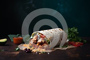 esquite mexican fast food on wooden board on black background, quick tortilla rolls burrito, denner, generativ ai photo