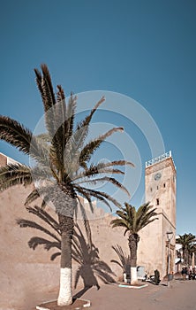 Essaouira, Morocco, December 30 2019: Medina entrance tower and old city walls in costal town of Essaouira, Morocco.