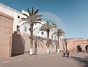 Essaouira, Morocco, December 30 2019: Medina entrance tower and old city walls in costal town of Essaouira, Morocco.