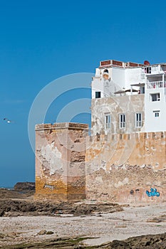 Essaouira port in Morocco, view on old architecture and city wall at ocean