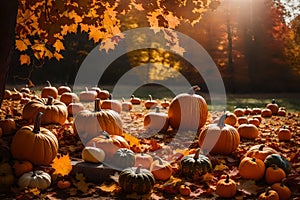 the essence of autumn with pumpkins as the central element. Ensure perfect lighting, no noise, and ultra-realistic clarity to