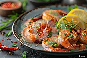 the essence of gourmet delight in a professional food shot grilled seafood shrimp adorned with spices