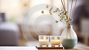 The Essence of Hygge with an Aroma Reed Diffuser, Candle, Eucalyptus, and Perfume Elegantly Arranged on a Home Table