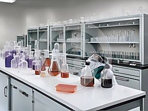 Essence of laboratory safety. Lab goggles, lab coats, and gloves arranged neatly on a laboratory bench. AI Generated