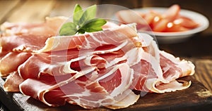 The Essence of Savory - Slices of cured ham on a wooden table. Generative AI