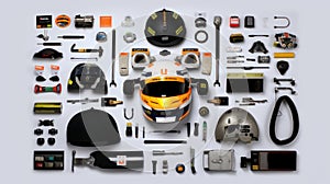 The Essence of Speed Knolling Lifestyle Photography Showcasing Racing Driver Equipment. Generative AI