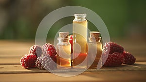 Essence of Wild raspberries  on table in a beautiful glass Bottle