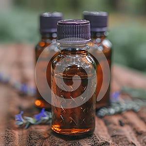 Essential Aromatic oil in brown bottle and lavender blooming flowers, natural remedies, aromatherapy, naturopathy concepts