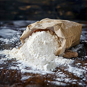 Essential baking ingredient paper bag filled with fresh flour