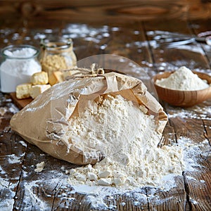 Essential baking ingredient paper bag filled with fresh flour