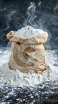 Essential baking ingredient paper bag filled with fresh flour