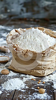 Essential baking ingredient paper bag filled with fresh flour