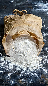 Essential baking ingredient paper bag filled with fresh flour
