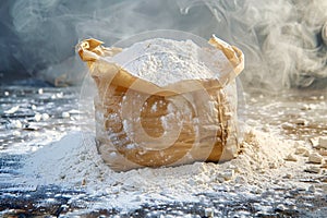 Essential baking ingredient paper bag filled with fresh flour