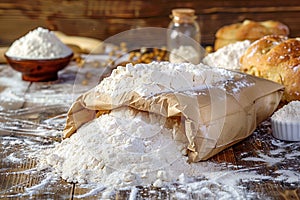 Essential baking ingredient paper bag filled with fresh flour