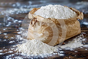 Essential baking ingredient paper bag filled with fresh flour