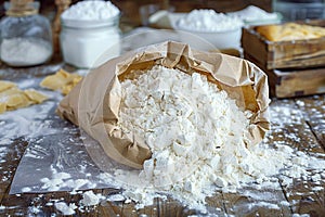 Essential baking ingredient paper bag filled with fresh flour