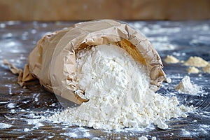 Essential baking ingredient paper bag filled with fresh flour
