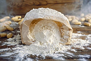 Essential baking ingredient paper bag filled with fresh flour