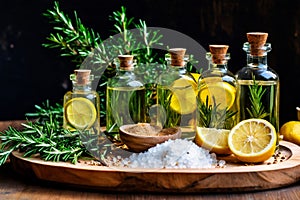 Essential camomile oil in glass bottle with fresh chamomile flowers