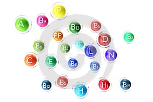 Essential Chemical Elements Nutrient Minerals Vitamins. 3d rendering