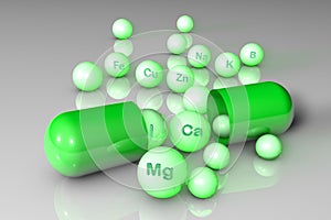 Essential chemical minerals and microelements. Healthy life concept. 3d illustration.