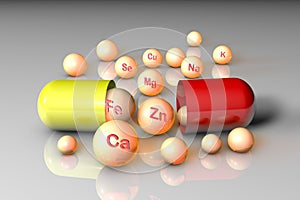 Essential chemical minerals and microelements. Healthy life concept. 3d illustration.